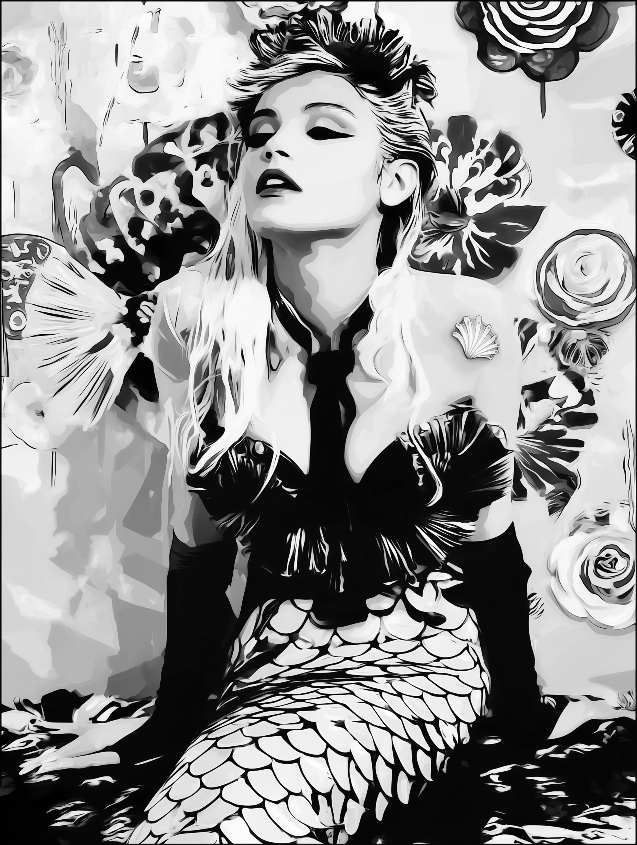 Free printable mermaid coloring page for adults featuring leaning forward mermaid